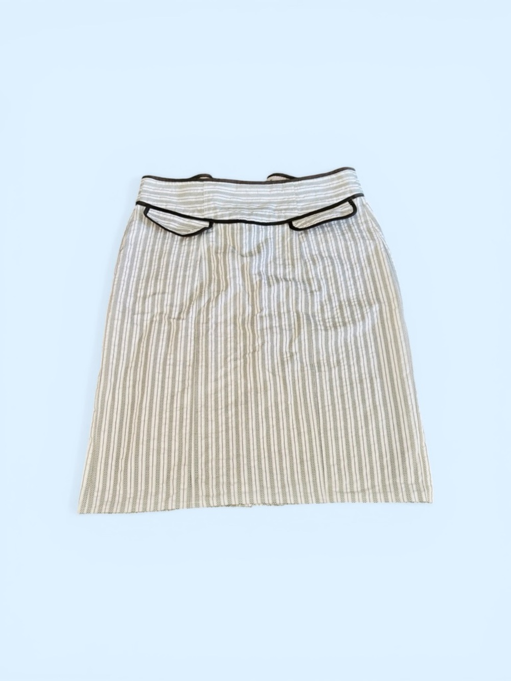 Nanette Lepore Sz 10 Cream and Green Striped Pencil Skirt with Black Trim